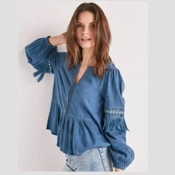 Lucky Brand Blue Cutout Peasant Tassel Fringe Long Sleeve S - Picture 1 of 6
